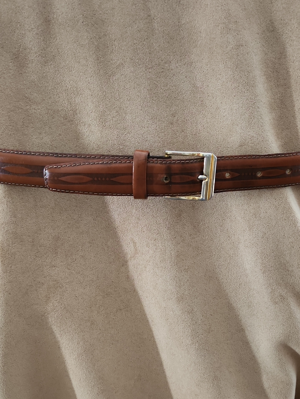 Vintage Tan Leather Belt with Decorative Paneling and 2 Tones Buckle
